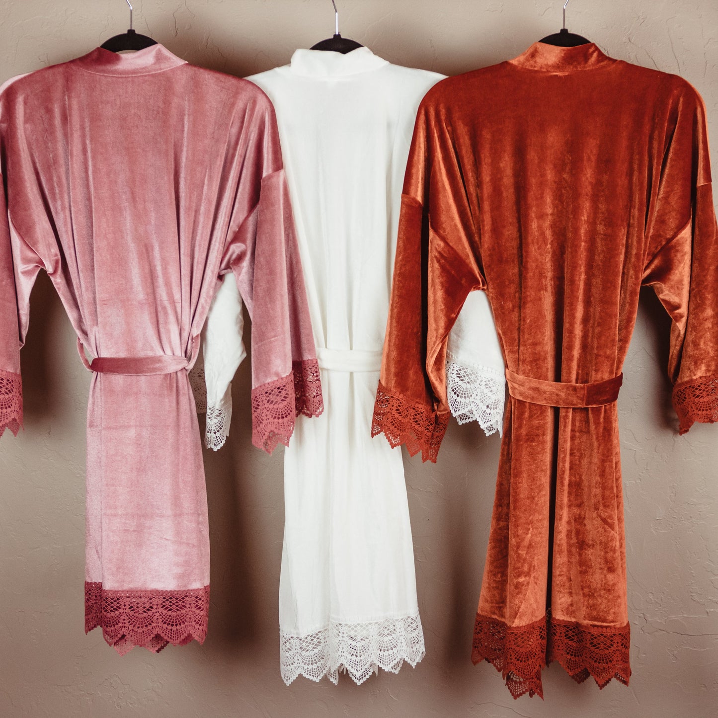 Velvet bridesmaid robe with delicate lace sleeve detail, one size fits all