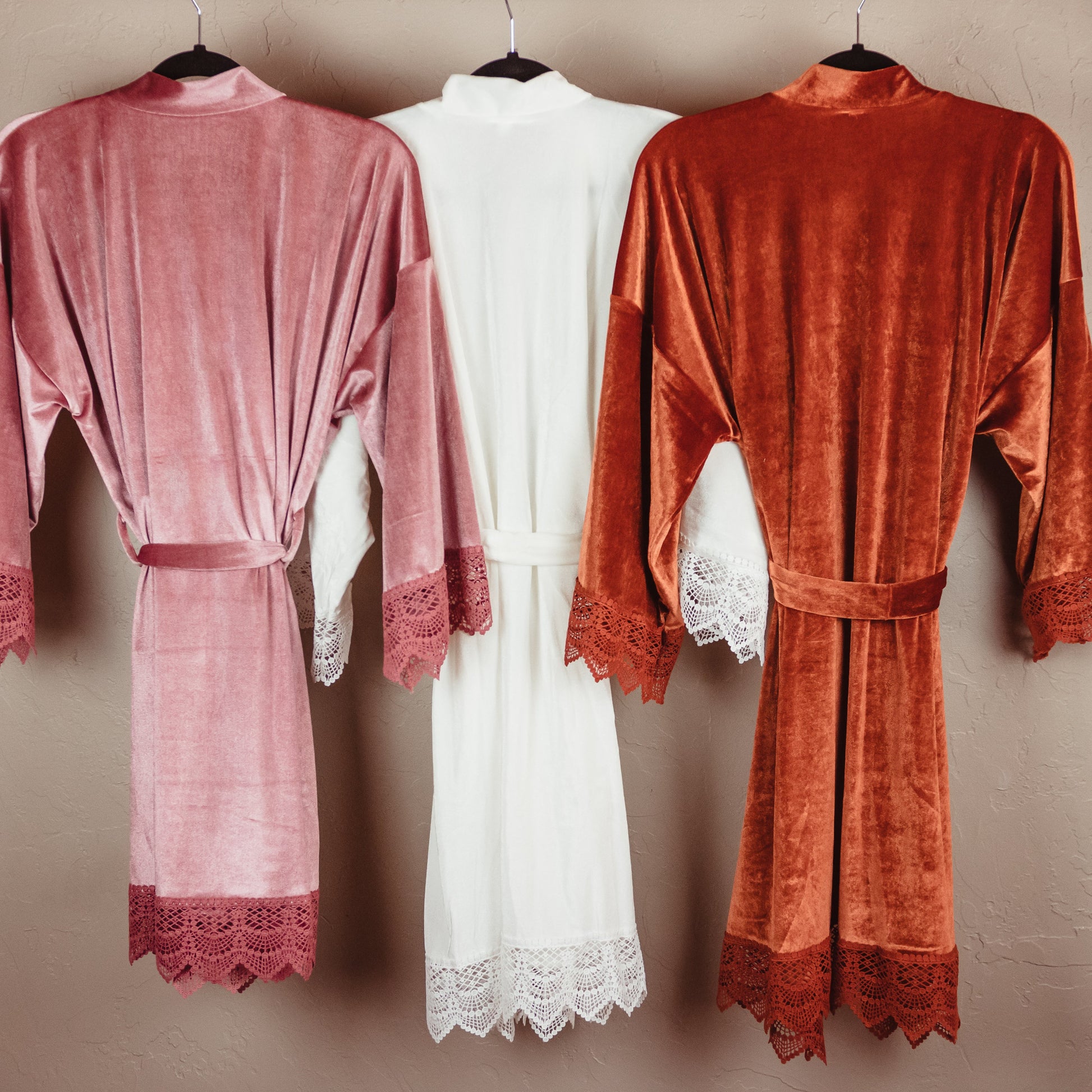 Velvet bridesmaid robe with delicate lace sleeve detail, one size fits all