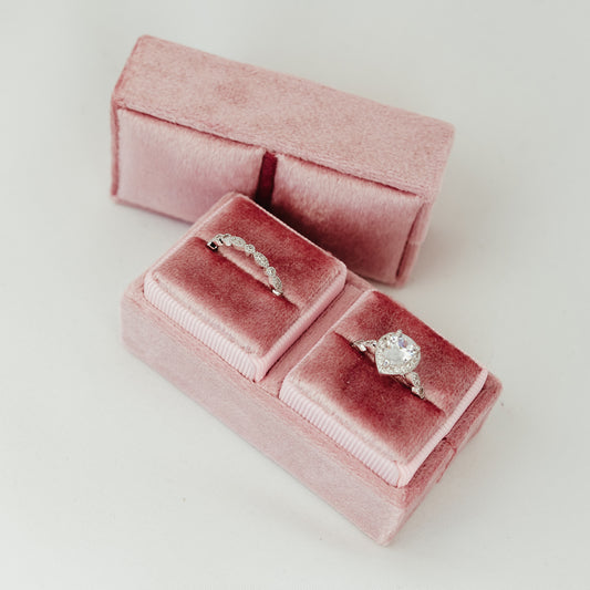 Wedding Ring Holder Double Ring Box in Pink Velvet for Ceremony