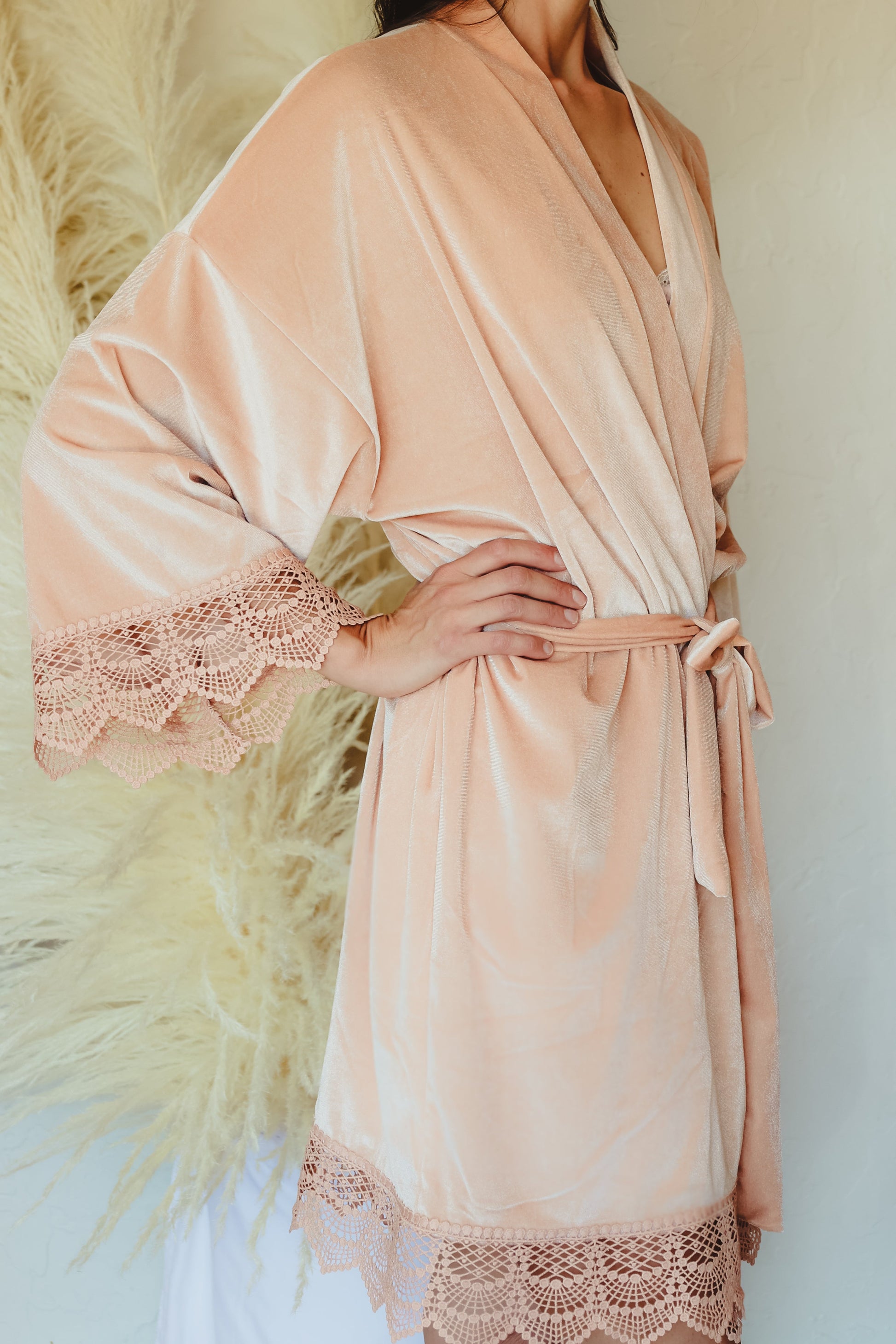 Comfortable and elegant velvet robe with lace sleeves, a one size fits all design for the entire bridal party
