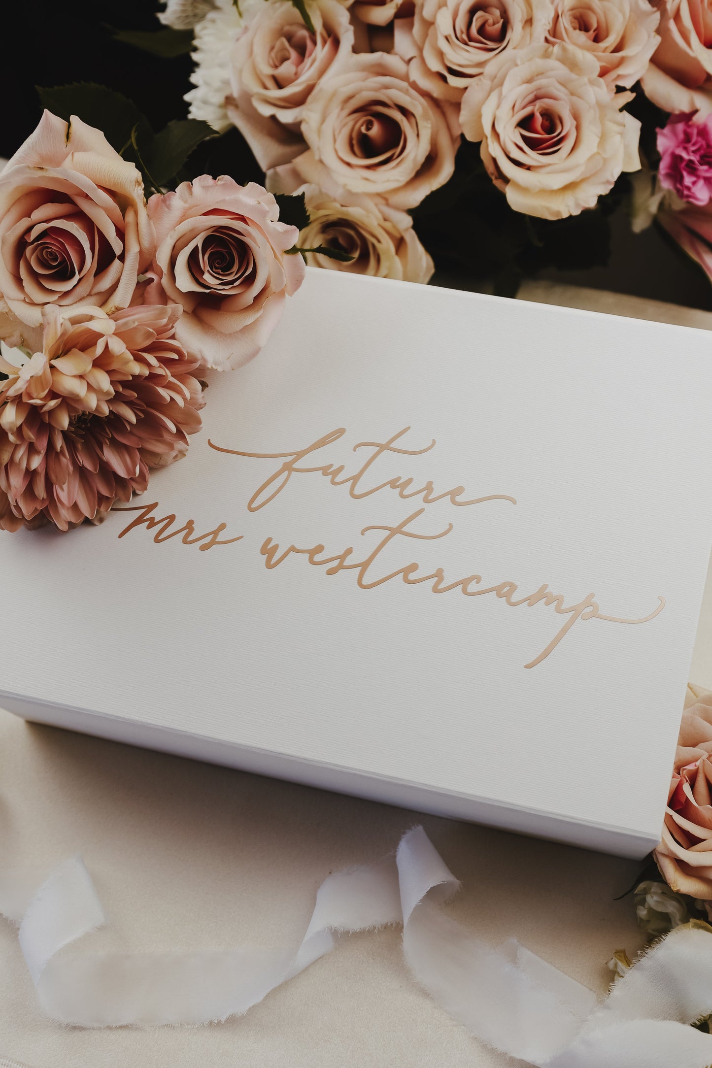 Gift the Bride with a Beautiful Box Featuring her New Last Name in Elegant Calligraphy Available in White or Rose Gold Box