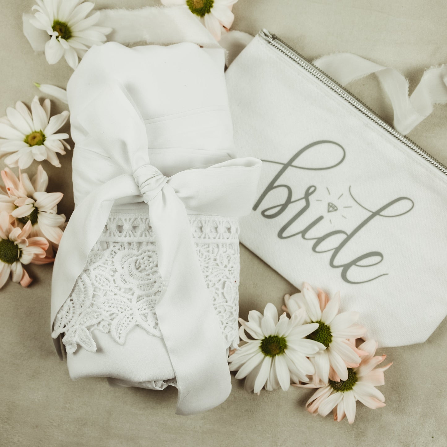 White Cotton Robe for Bride Getting Ready with Floral Lace Detail