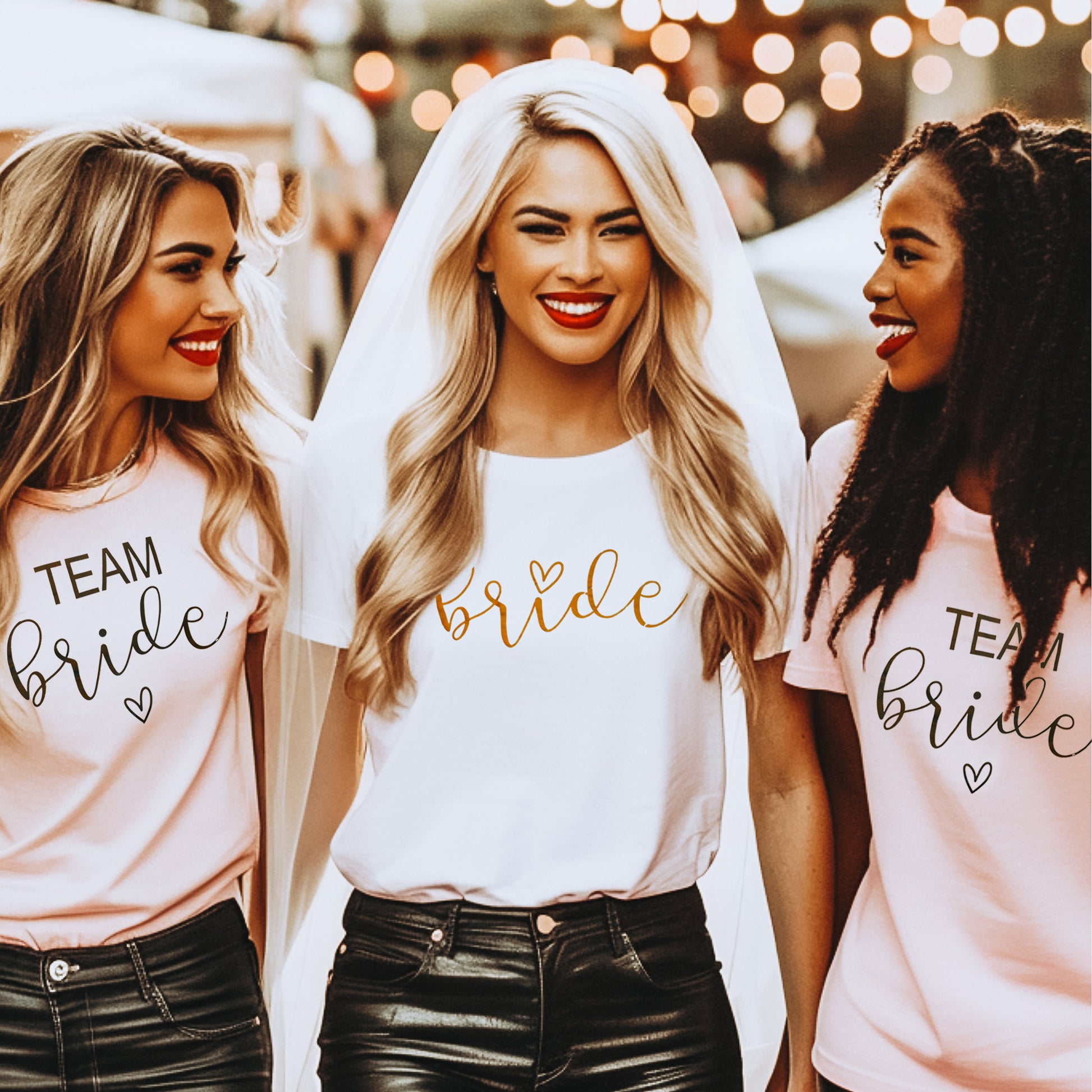 Group of Bride and Bridesmaids in Team Bride Shirts for Bachelorette Party