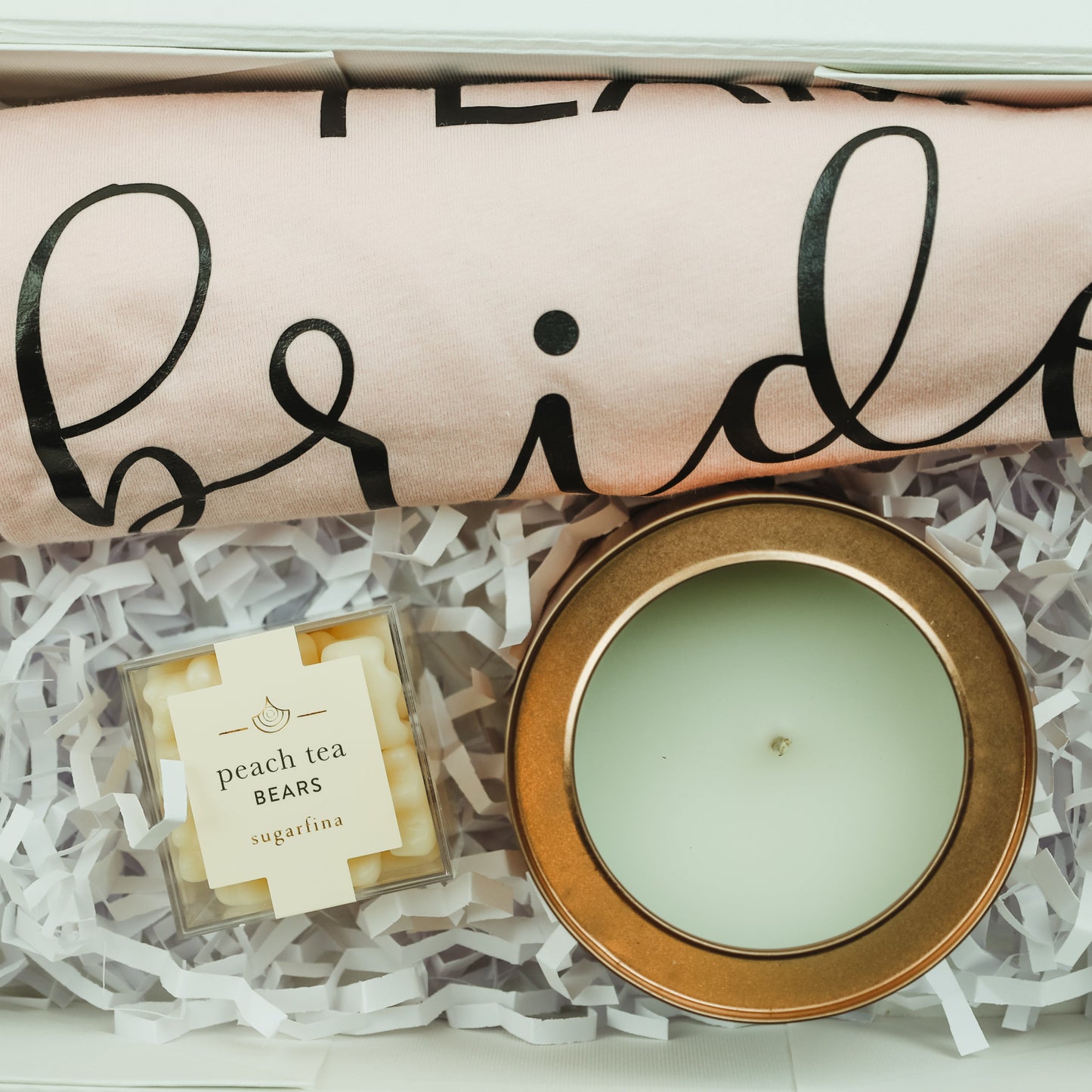 Personalized Gift Box for Bridal Party with "Team Bride" T-Shirt and Candle in Gold Tin