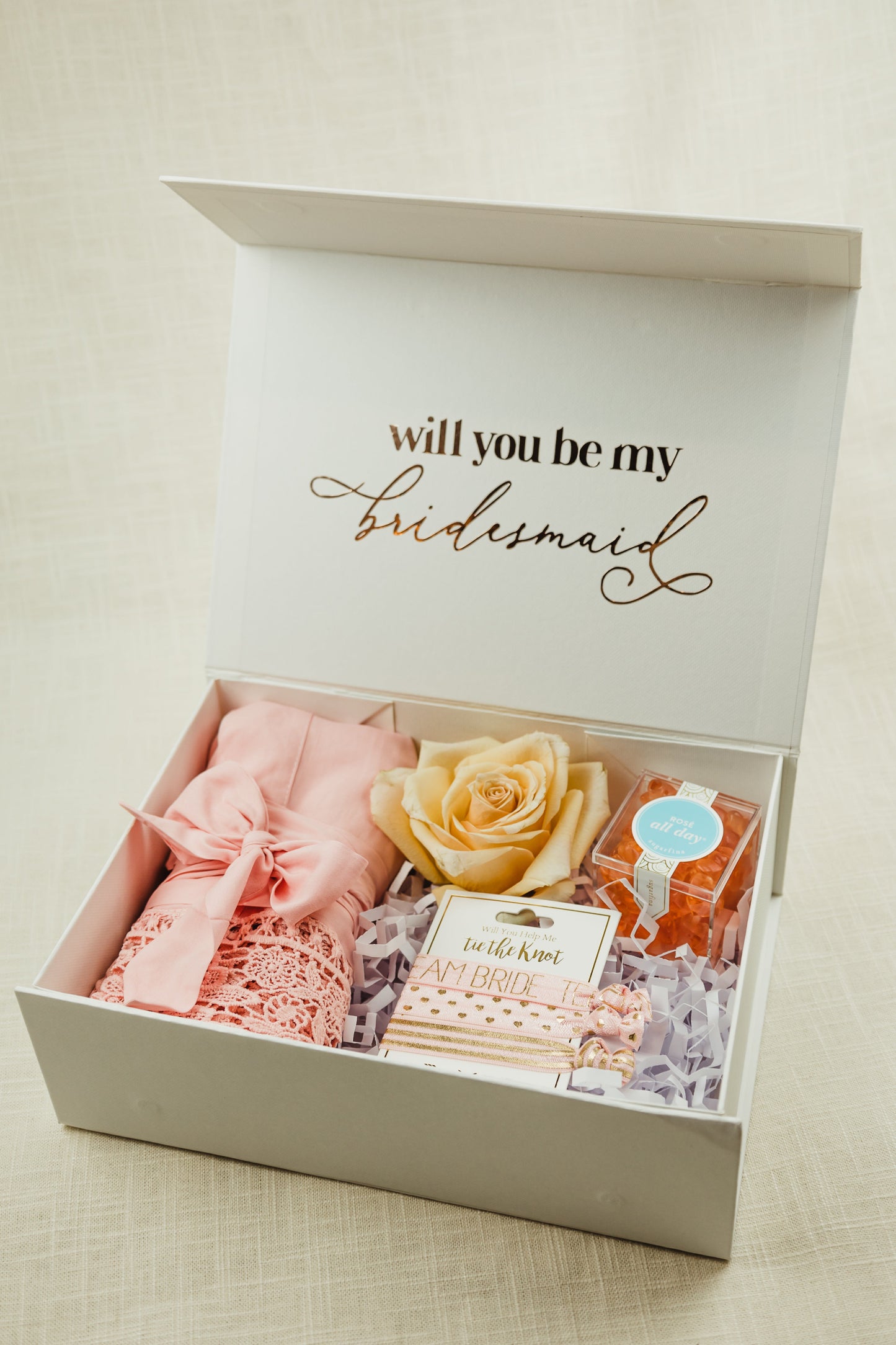 Will You Be My Bridesmaid Gift Box with Soft Getting Ready Robe and Hair Ties to Help you Tie the Knot