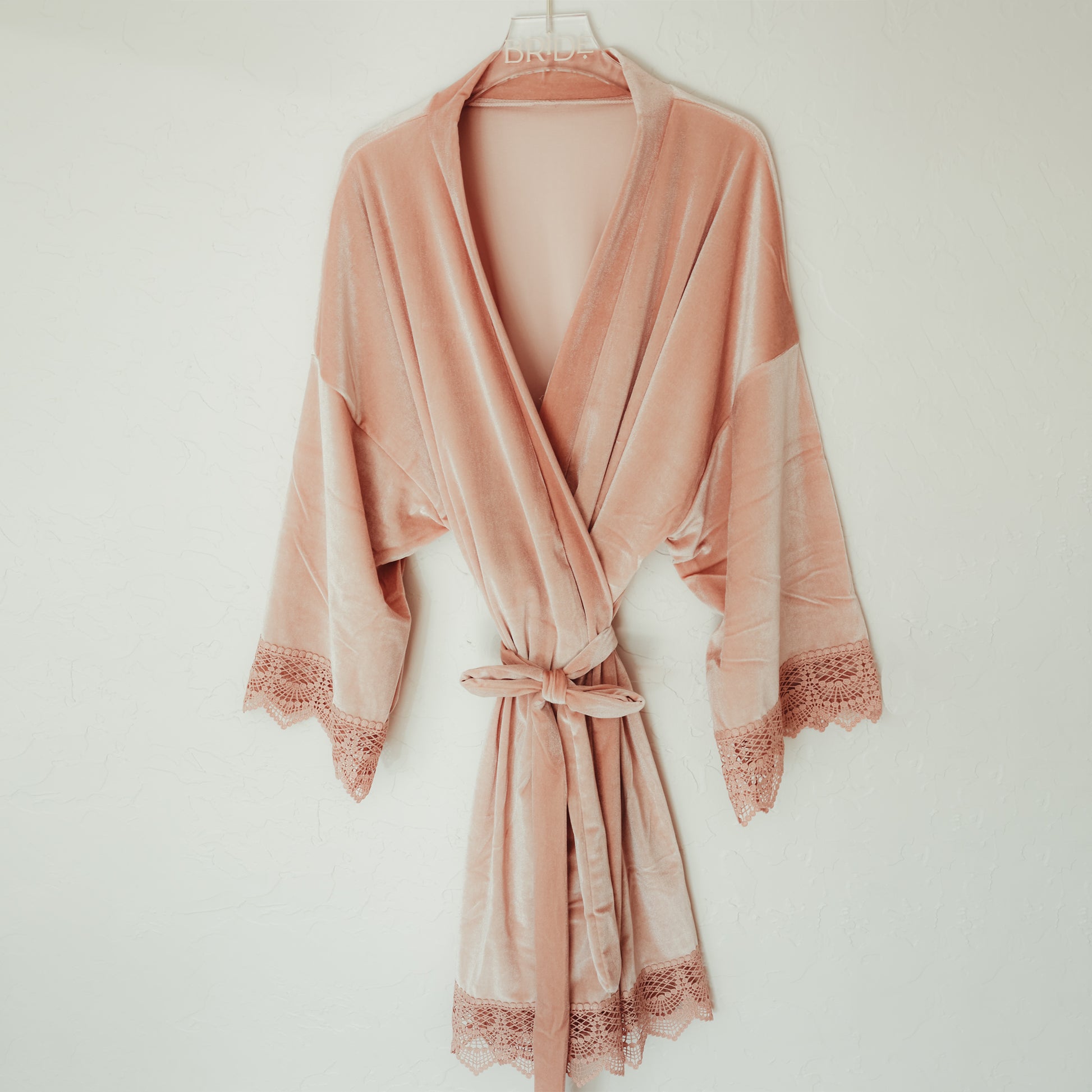 Elegant velvet bridesmaids robe with lace sleeve details, a stylish one size option