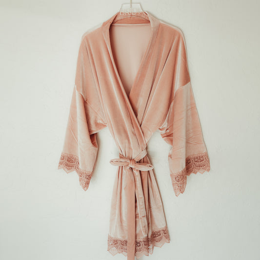 Elegant velvet bridesmaids robe with lace sleeve details, a stylish one size option