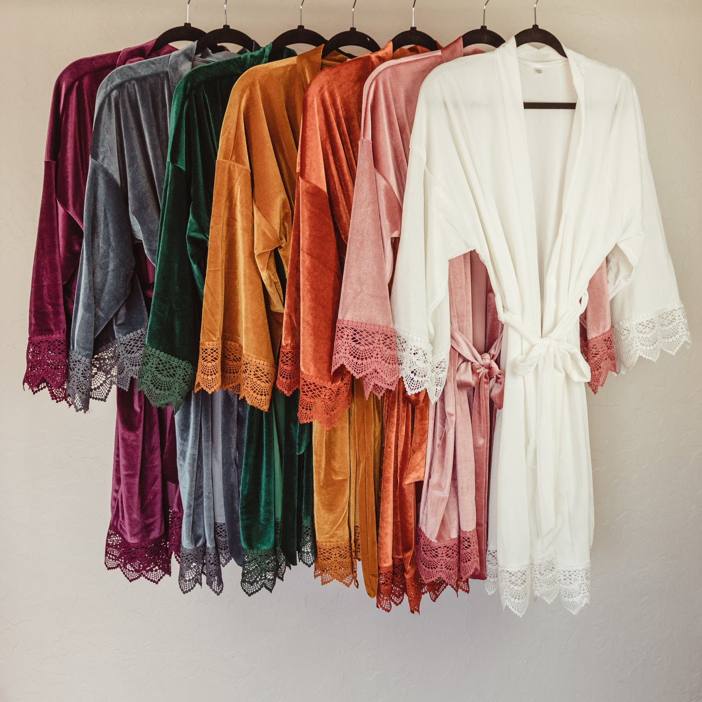Chic velvet bridesmaid robe, featuring lace sleeve details, one size fits most