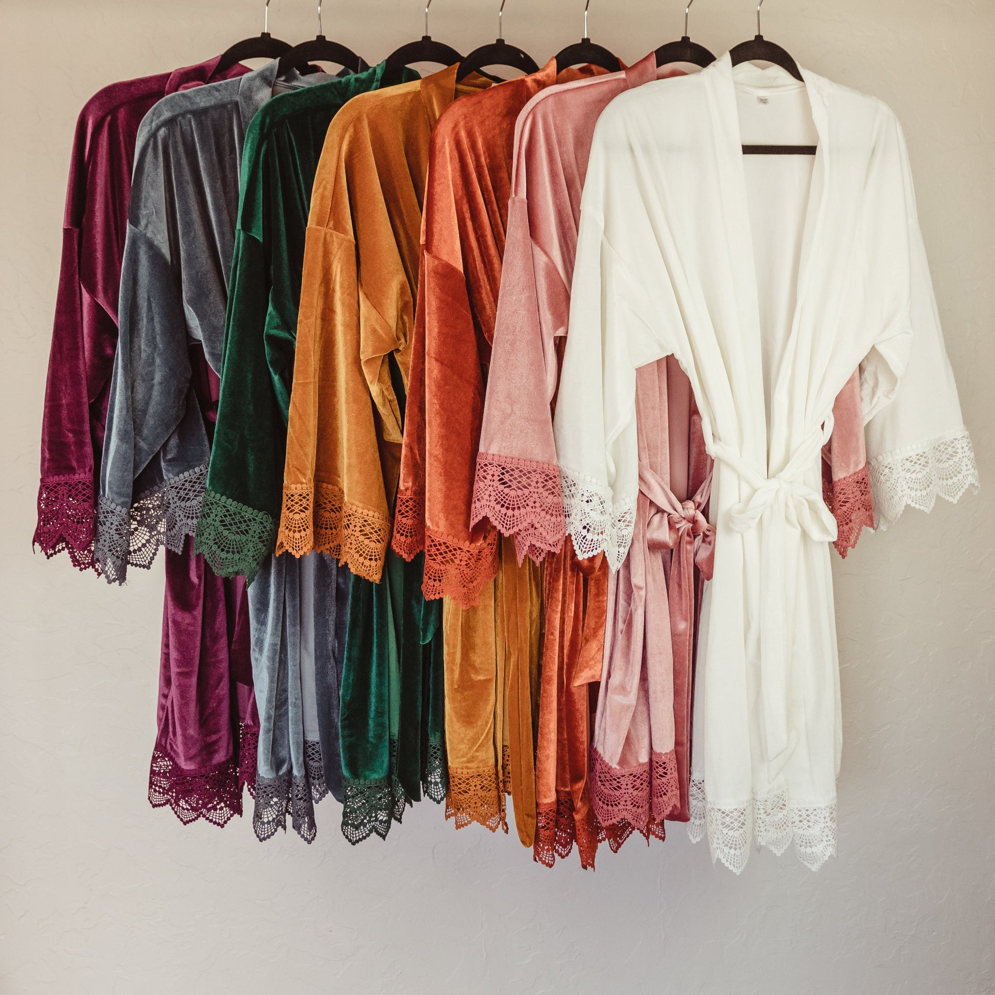 Chic velvet bridesmaid robe, featuring lace sleeve details, one size fits most