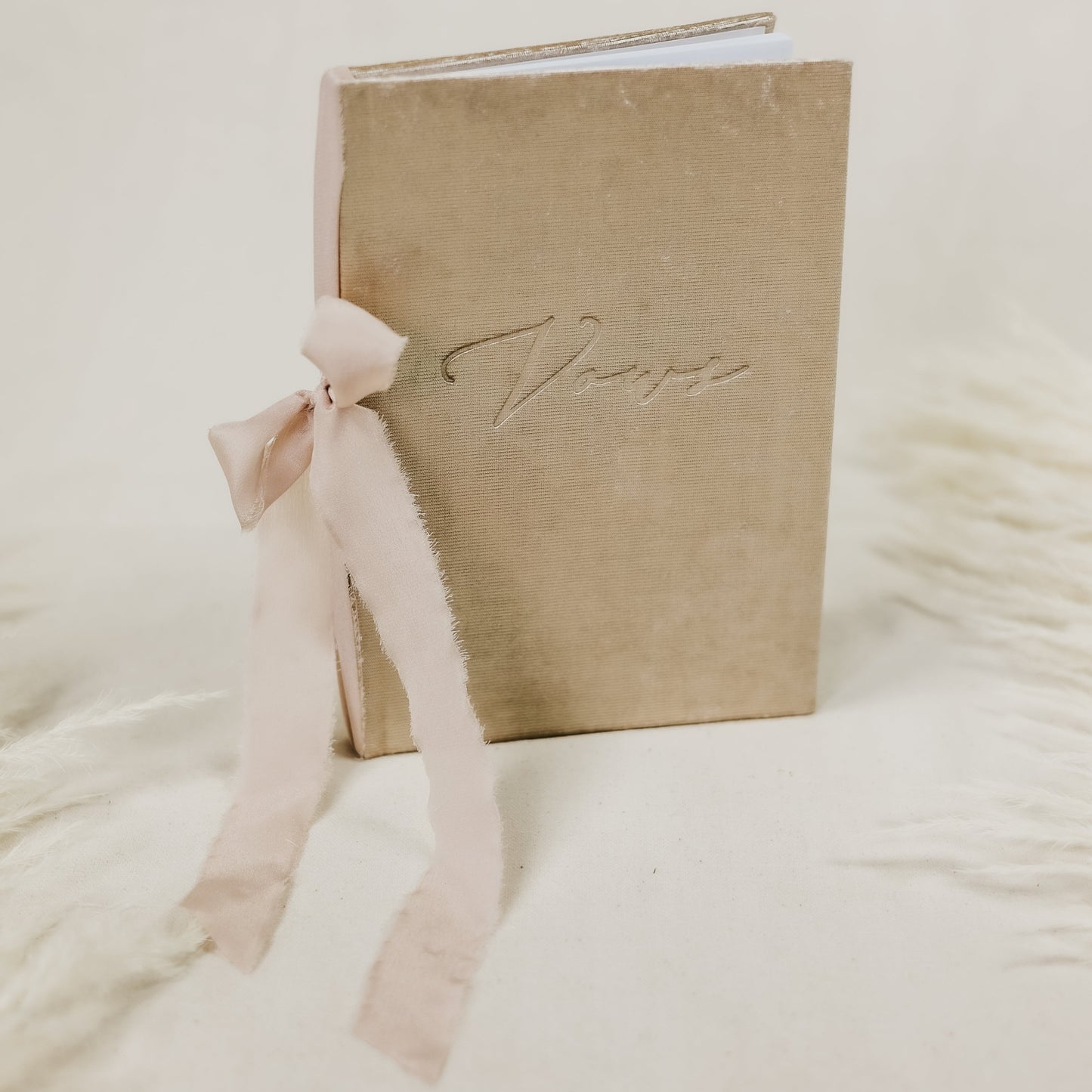 Champagne velvet vow book, embossed 'vows', with customizable ribbon spine ties