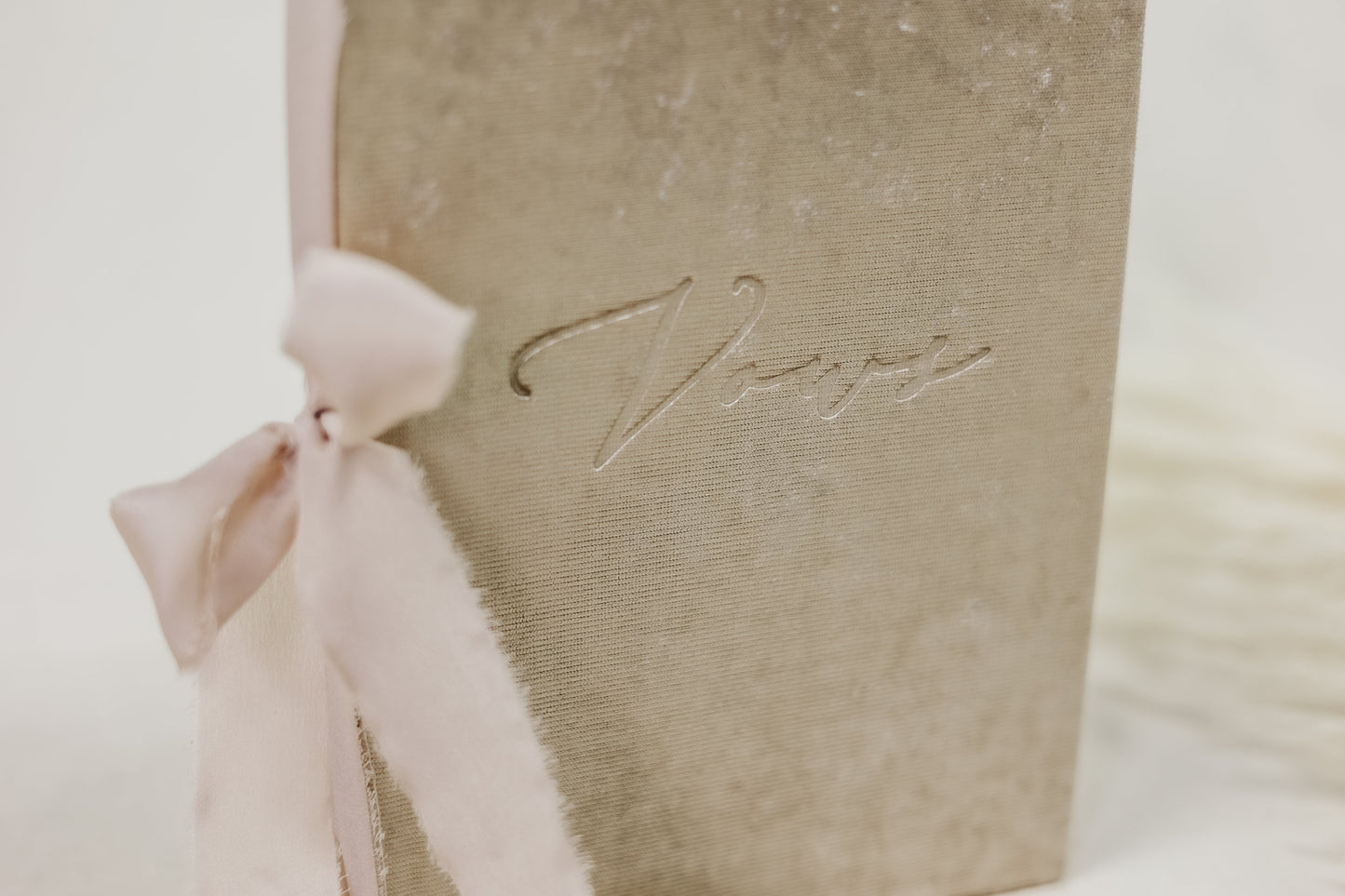 Close-up of a velvet vow book, showing the embossed 'vows' and a ribbon tie on the spine, available in multiple velvet and ribbon colors