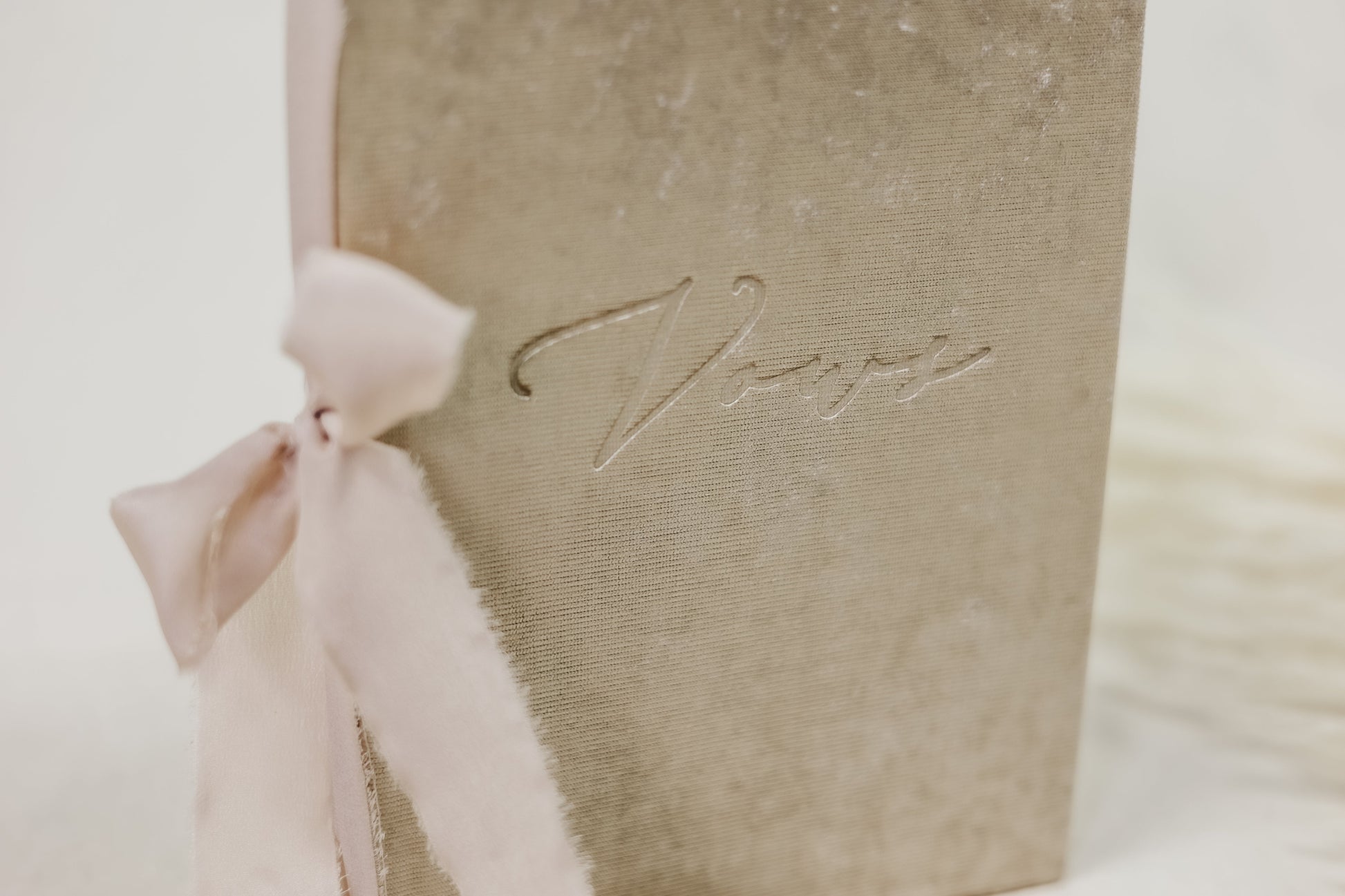 Close-up of a velvet vow book, showing the embossed 'vows' and a ribbon tie on the spine, available in multiple velvet and ribbon colors