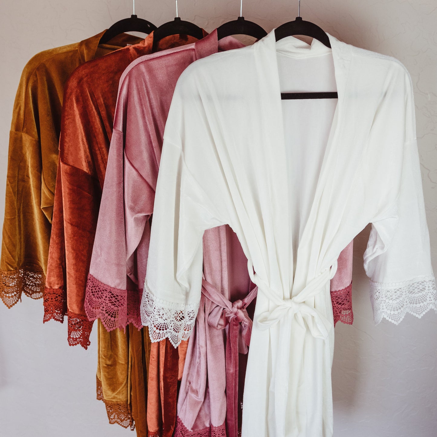 Plush velvet bridesmaid robe with elegant lace trim on the sleeves, one size