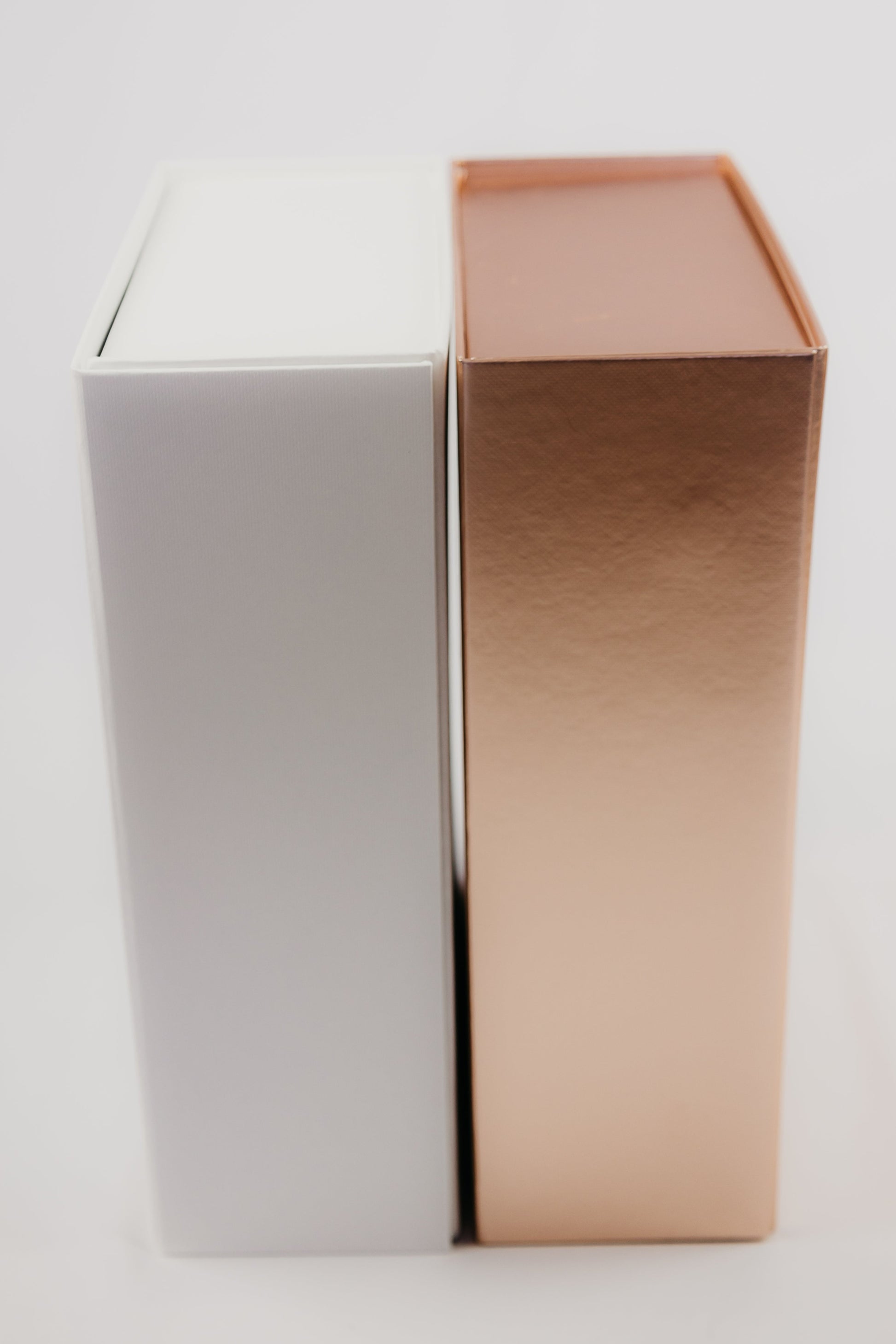 Side View of White and Rose Gold Gift Boxes for Personalization for the Bride and Bridal Party