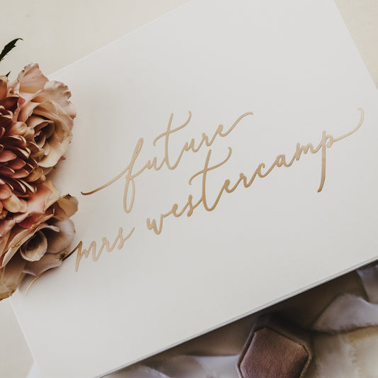 Celebrate the Bride to Be with a Wedding Shower Gift Box Featuring Her Name in Beautiful Champagne or Metallic Calligraphy