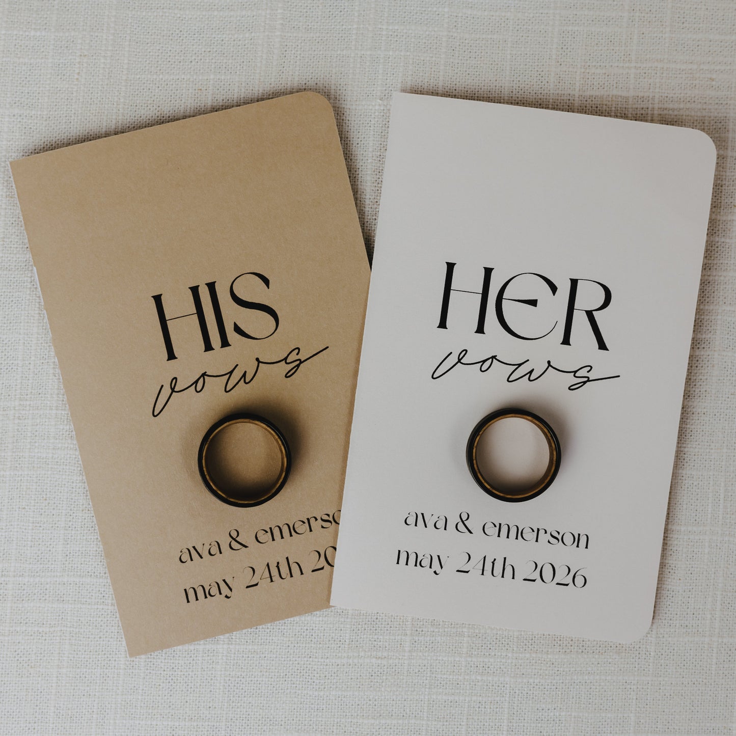 Personalized vow books, handmade, pocket-sized (3.5"x5.5"), with bride and groom names and wedding date printed on the cover