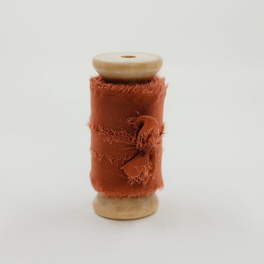 Raw Edge Silk Ribbon in Rust Color for Boho Decor