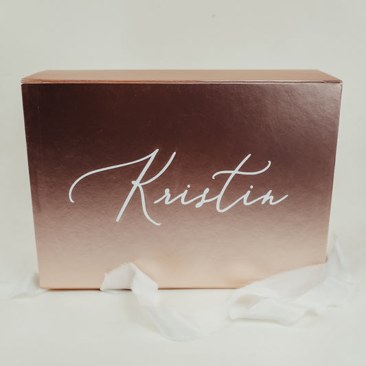 Personalize your Bridesmaid Proposal with a Gift Box Featuring Her Name in Beautiful Calligraphy Available in White or Rose Gold Box with Various Text Colors
