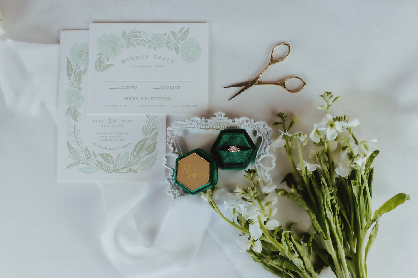 Hexagon Velvet Ring Box Personalized with Bride and Groom Names in Flat Lay