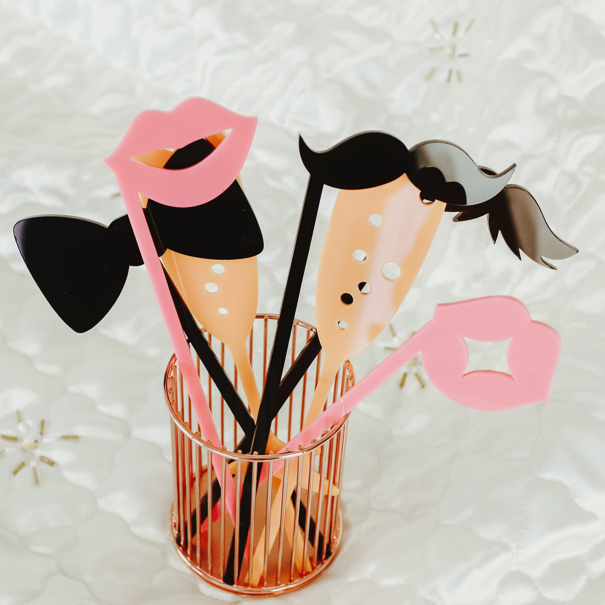 Pop into the Photo Booth and Prepare for Smiles with High Quality Photo Booth Props on a Stick Made by Ribbon & Rings with Lasting Acrylic, Lips, Mustaches and More