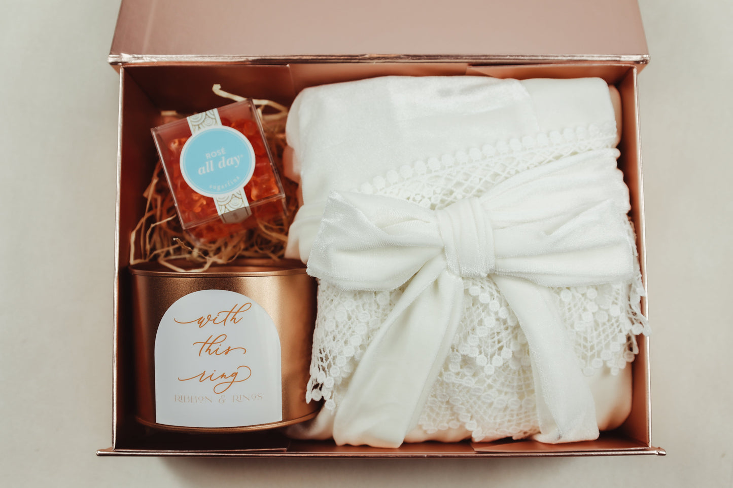 Personalized Bride Gift Box for Wedding Shower with White Velvet Robe and Soy Candle in Box Featuring her Name on Front
