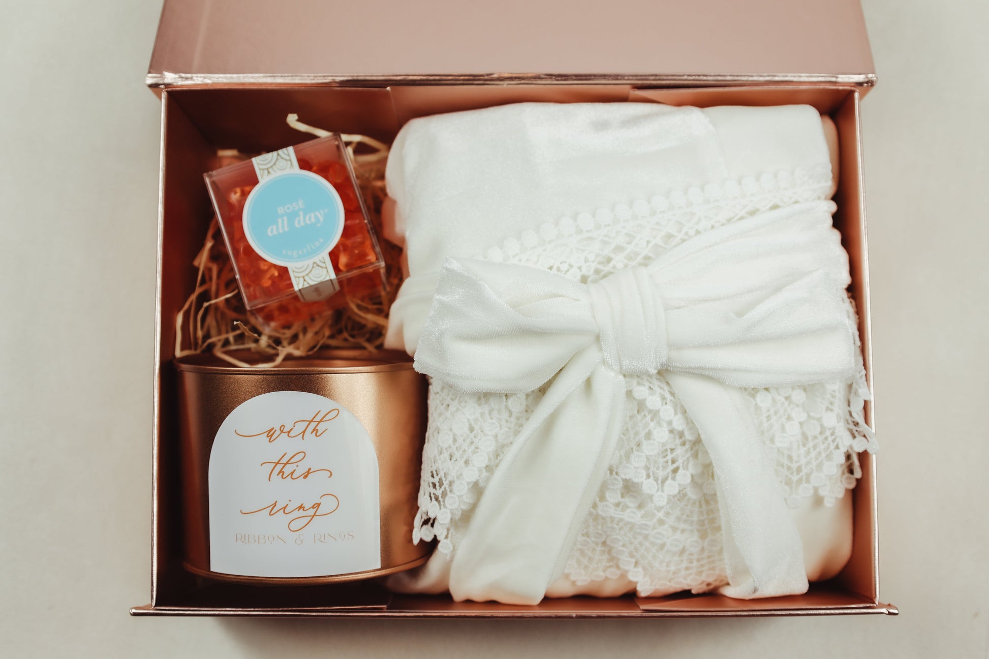 Personalized Bride Gift Box for Wedding Shower with White Velvet Robe and Soy Candle in Box Featuring her Name on Front