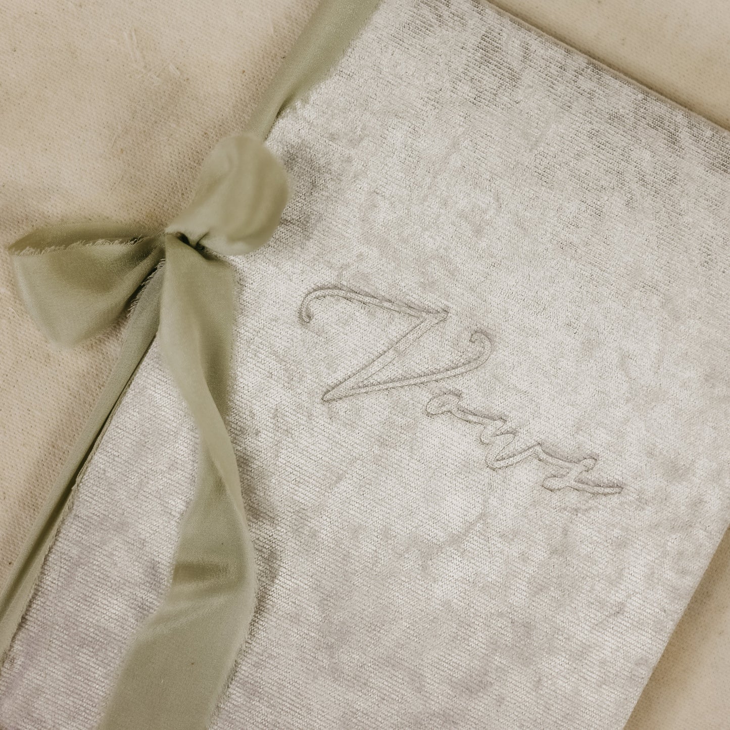 Vow Book with Velvet Cover and Sage Raw Edge Ribbon