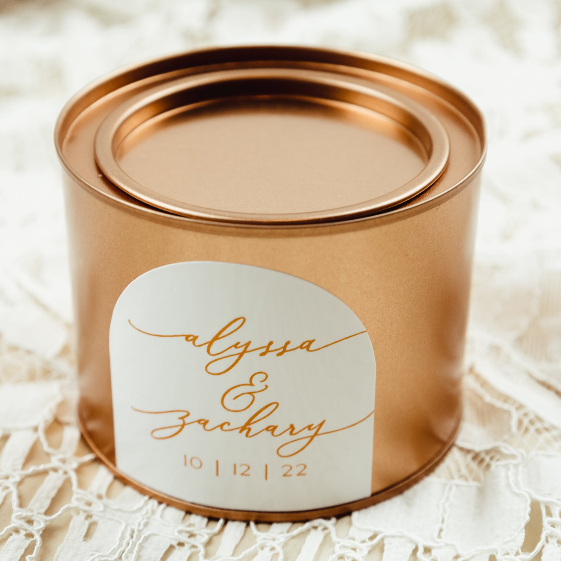 Personalized Wedding Favor Soy Candle in Tin with Custom Label Bride and Groom Names and Wedding Date