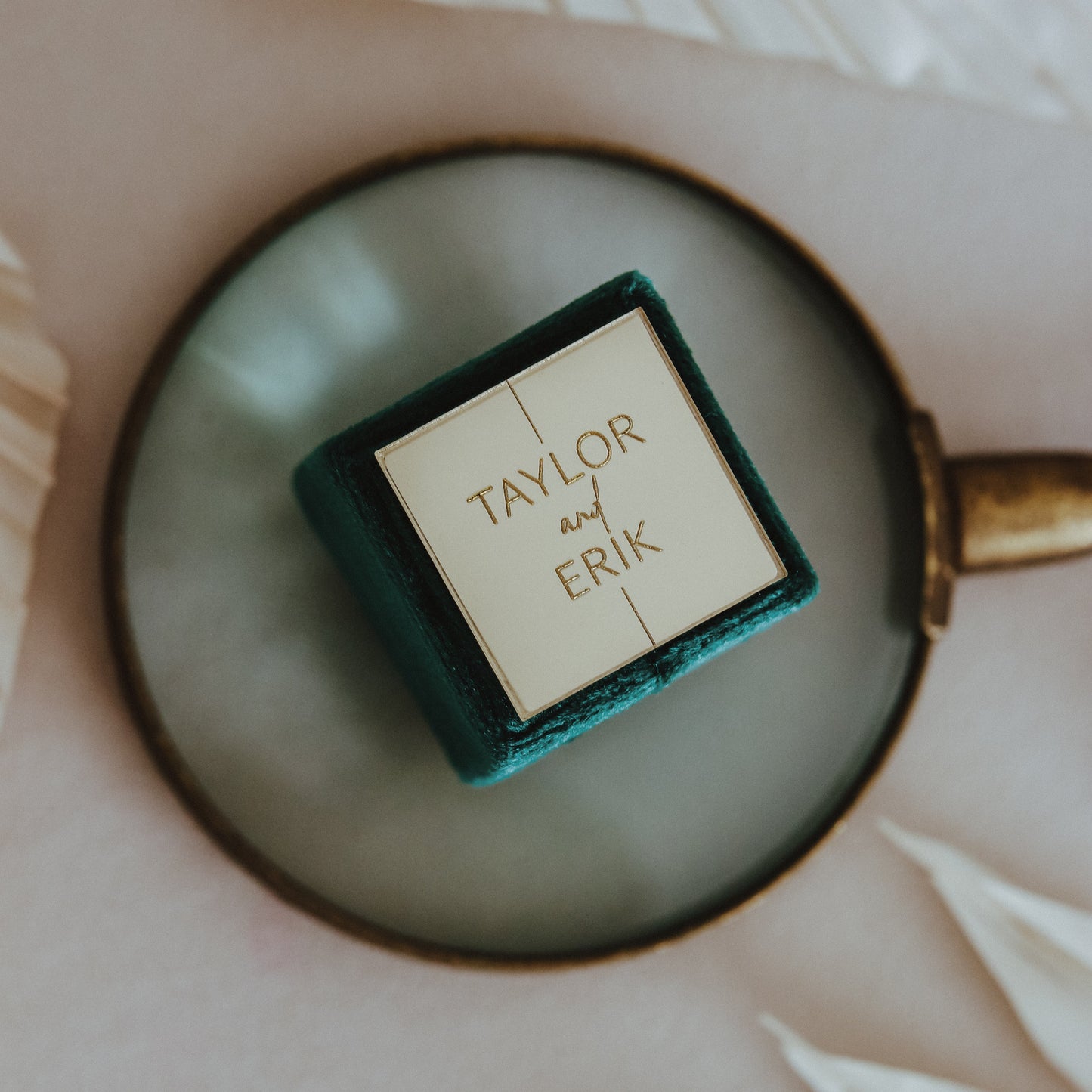 Bride and Groom Names Engraved on Personalized Square Velvet Ring Box for Wedding Ceremony