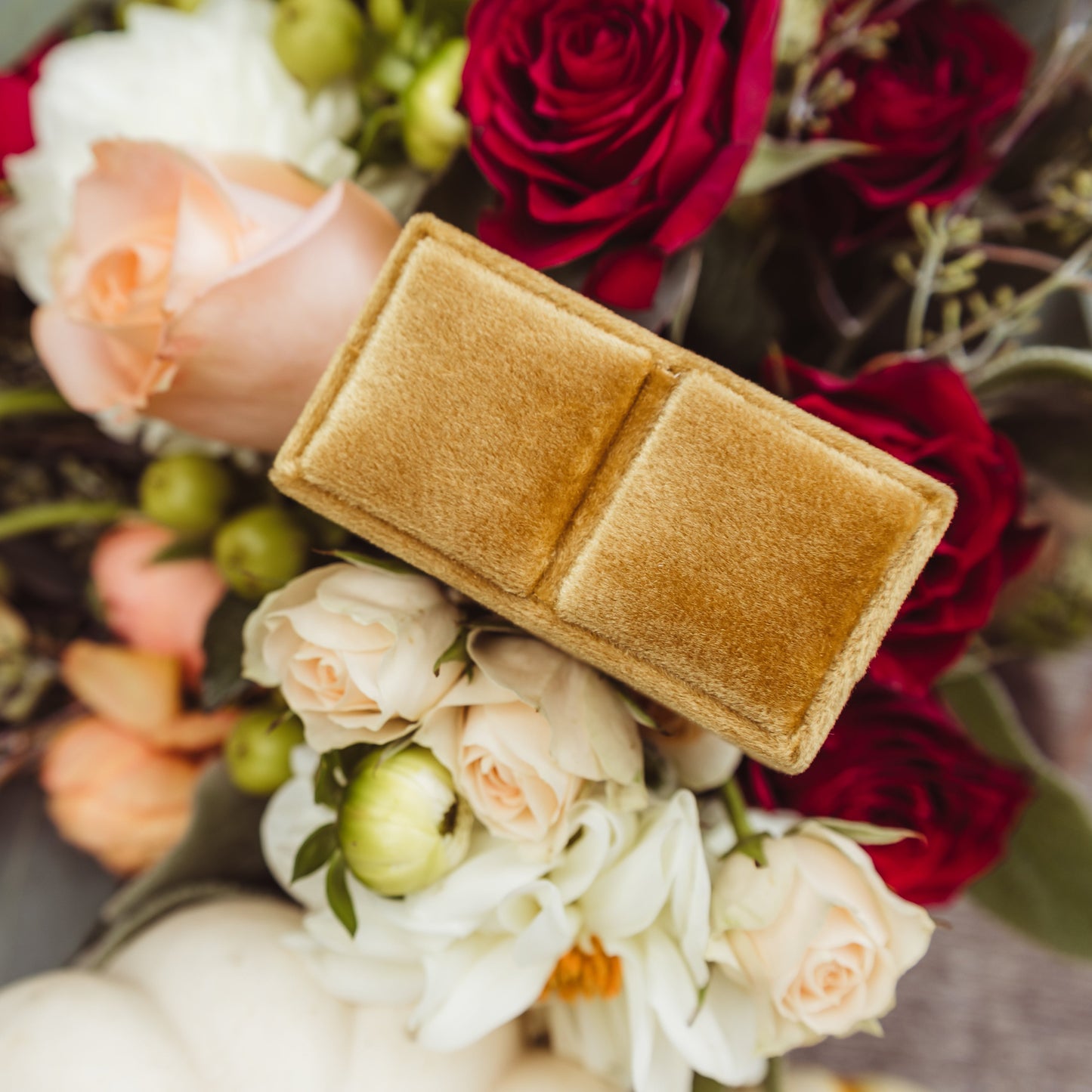 Velvet Double Ring Box Mustard Color Holds 2 Wedding Bands for Wedding Ceremony