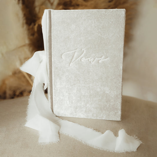 Vow Book in Velvet Fabric with Embossed Vows and Tied with White Raw Edge Ribbon