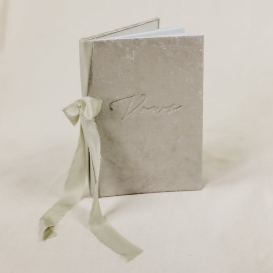 Book for Wedding Vows with Velvet Cover and Silk Ribbon Tie with Sage Raw Edge Ribbon
