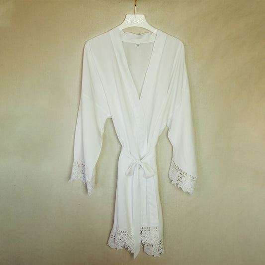 White Getting Ready Robe Gift for the Bride in Soft Cotton with Lace Flowers on the Sleeves