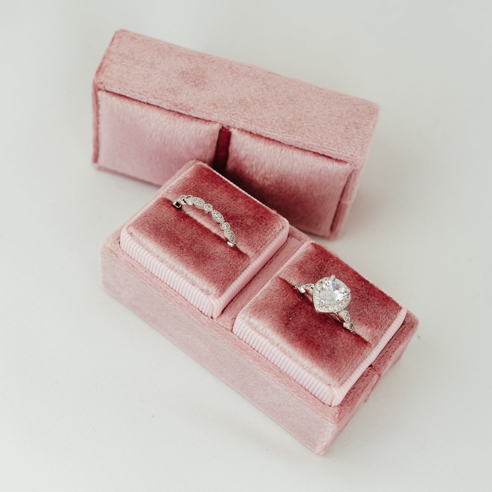 Wedding Ring Holder Double Ring Box in Pink Velvet for Ceremony