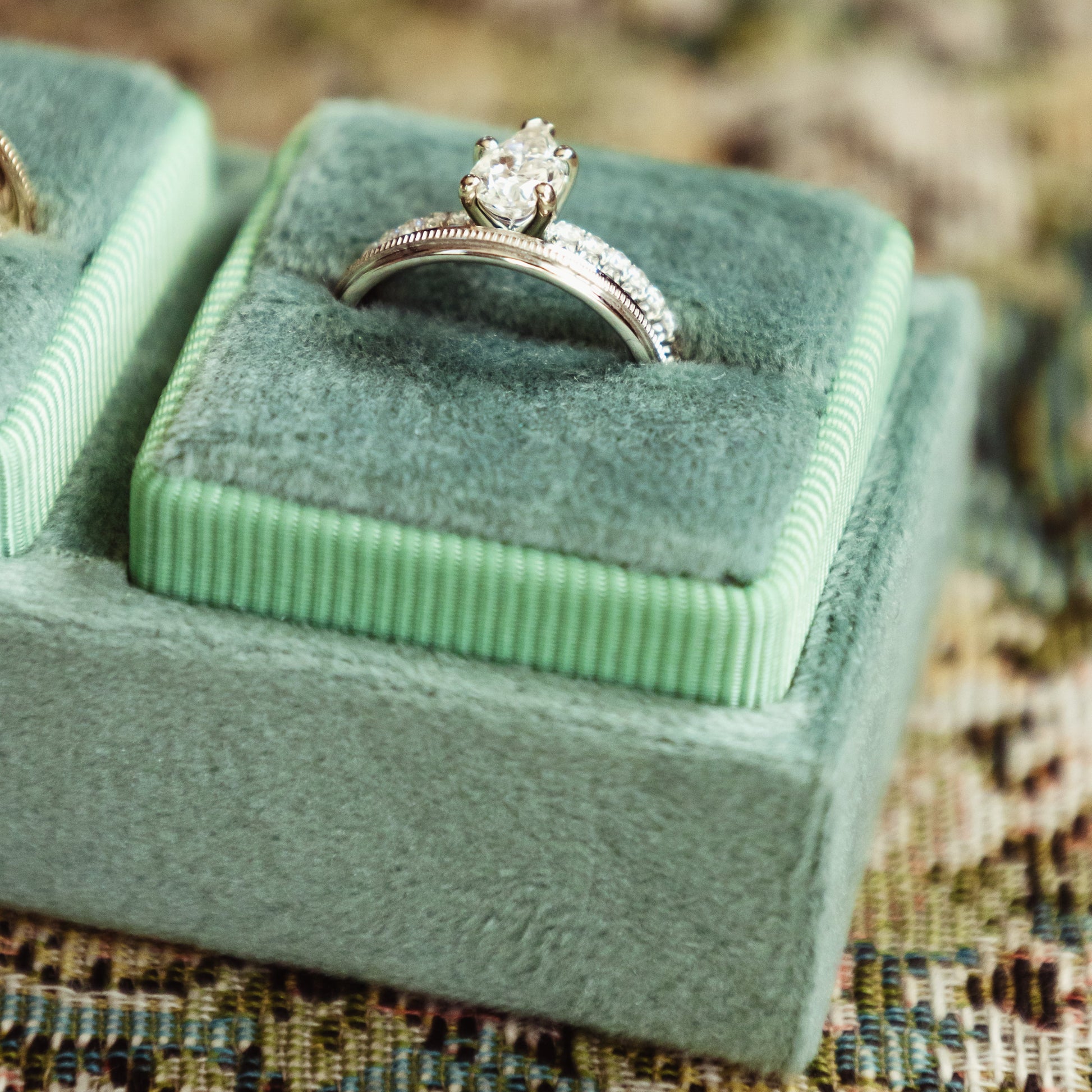 Velvet Double Ring Box Detail with Sage Fabric