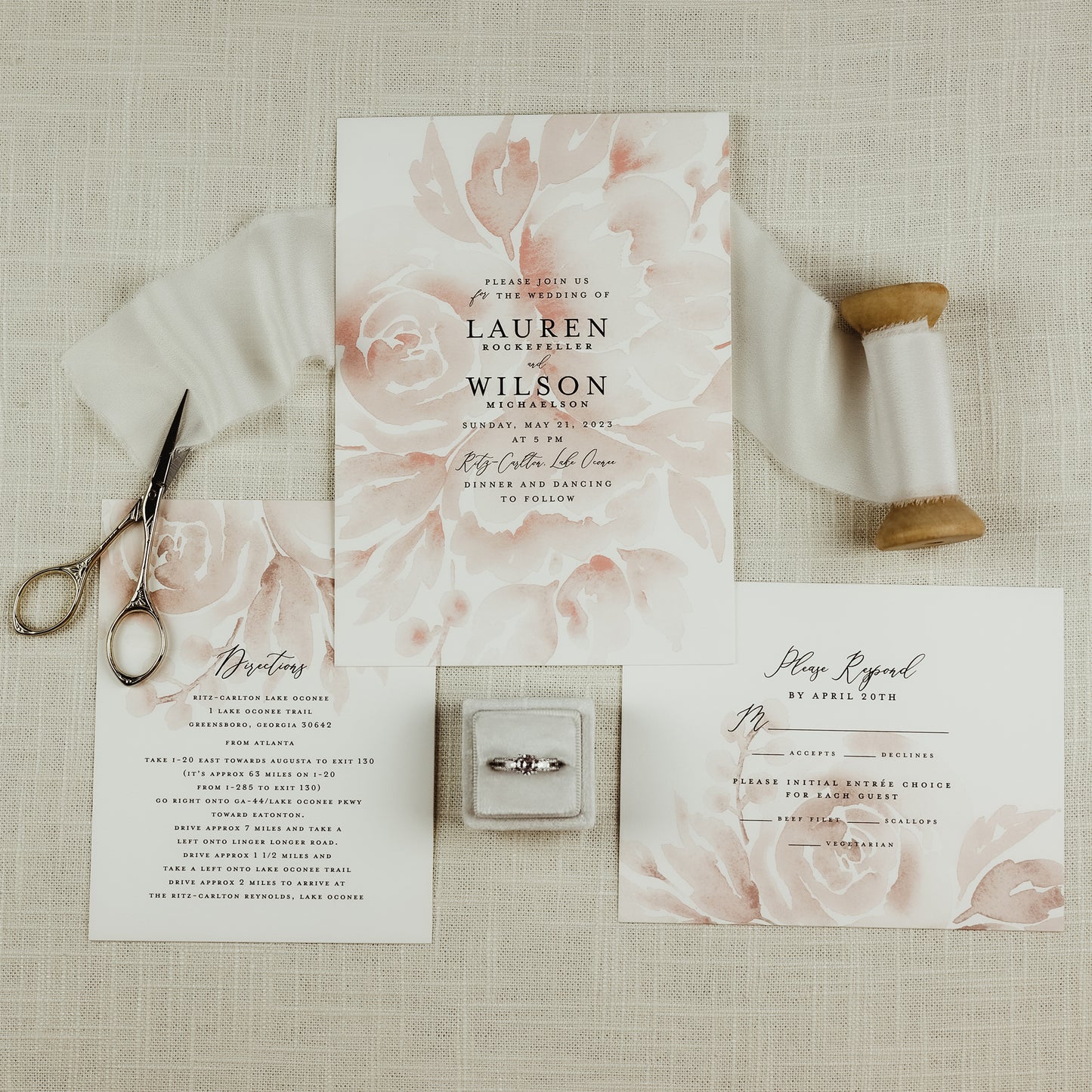 Wedding Flat Lay with White Raw Edge Silk Ribbon