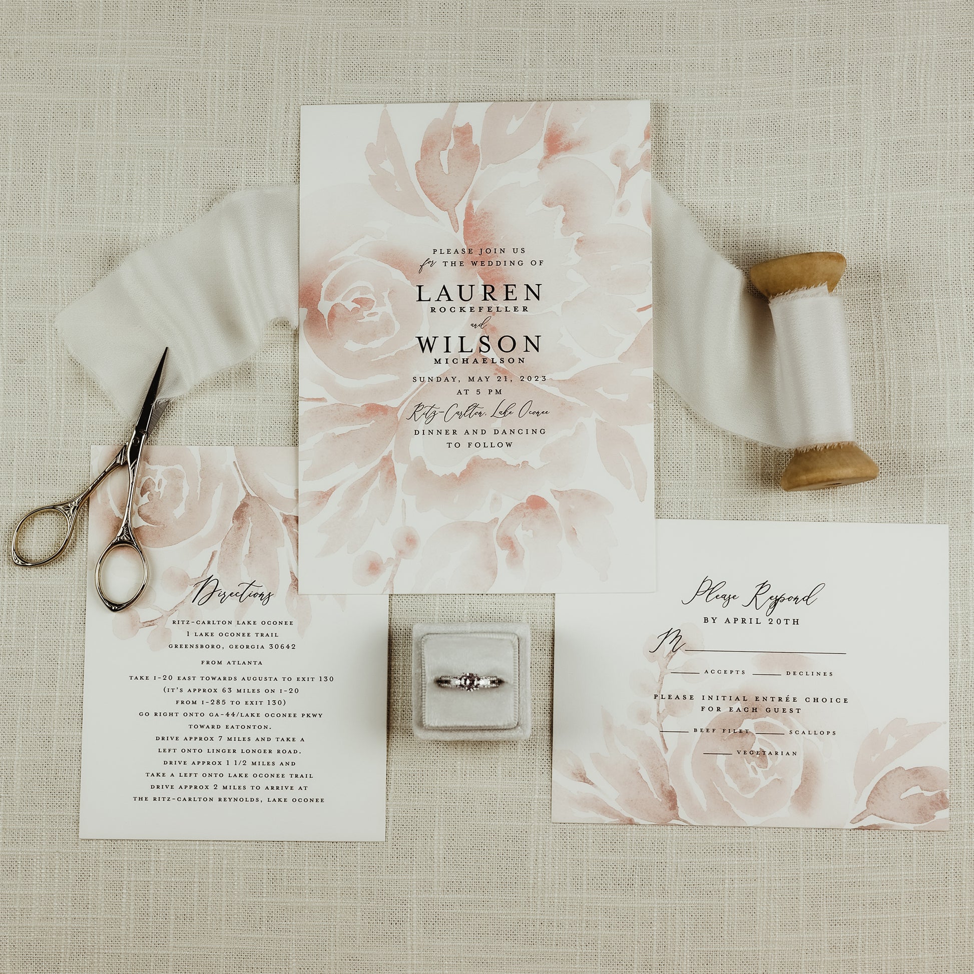 Wedding Flat Lay with White Raw Edge Silk Ribbon