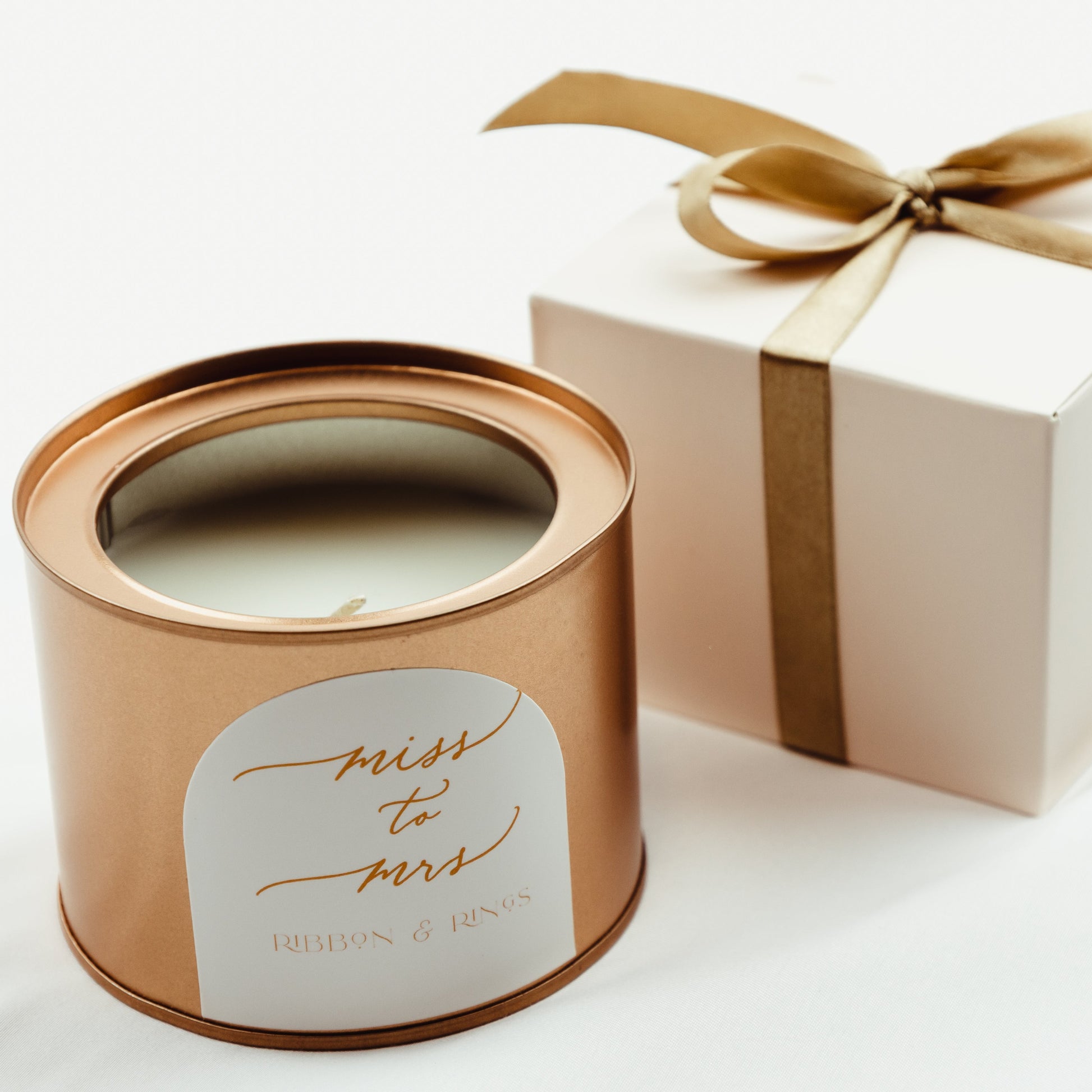 Wedding Gift Candle in Gold Tin Miss to Mrs Bridal Shower Present
