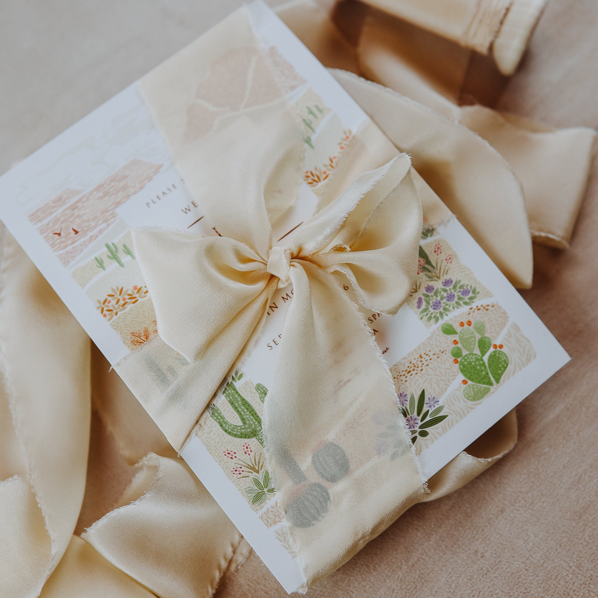 Raw edge silk ribbon, hand-dyed, perfect for adding texture to bridal detail flat lays