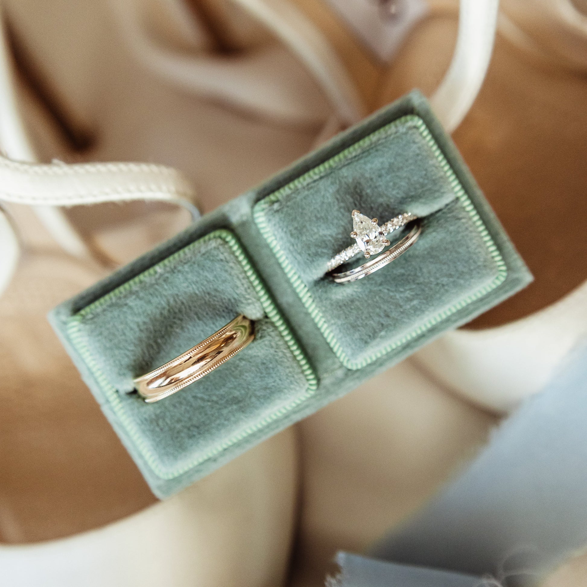 Double Wedding Ring Box in Unique Style for Wedding Ceremony and Flat Lay Photos