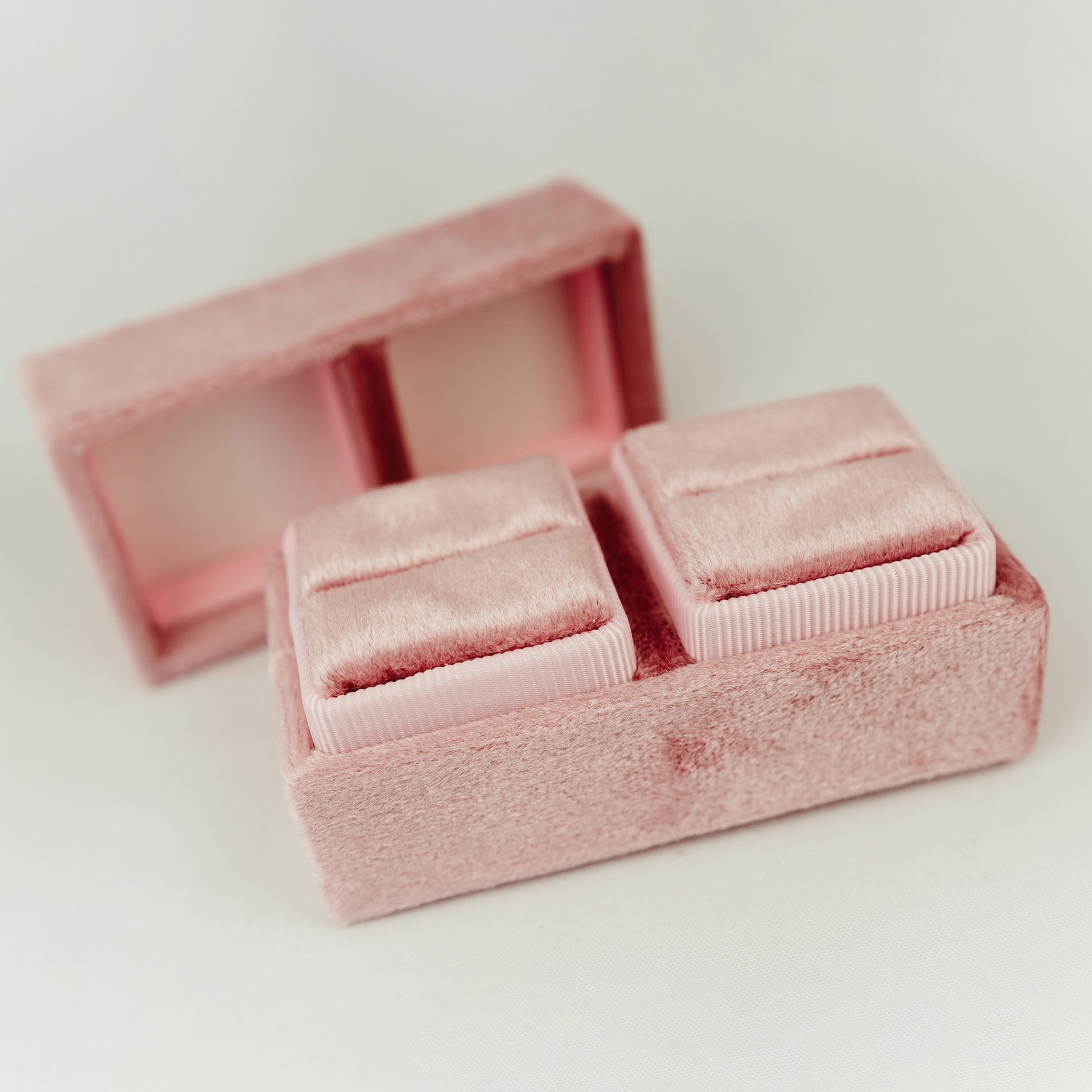 Velvet Double Ring Holder for Wedding Ceremony and Detail Photos in Pink Color